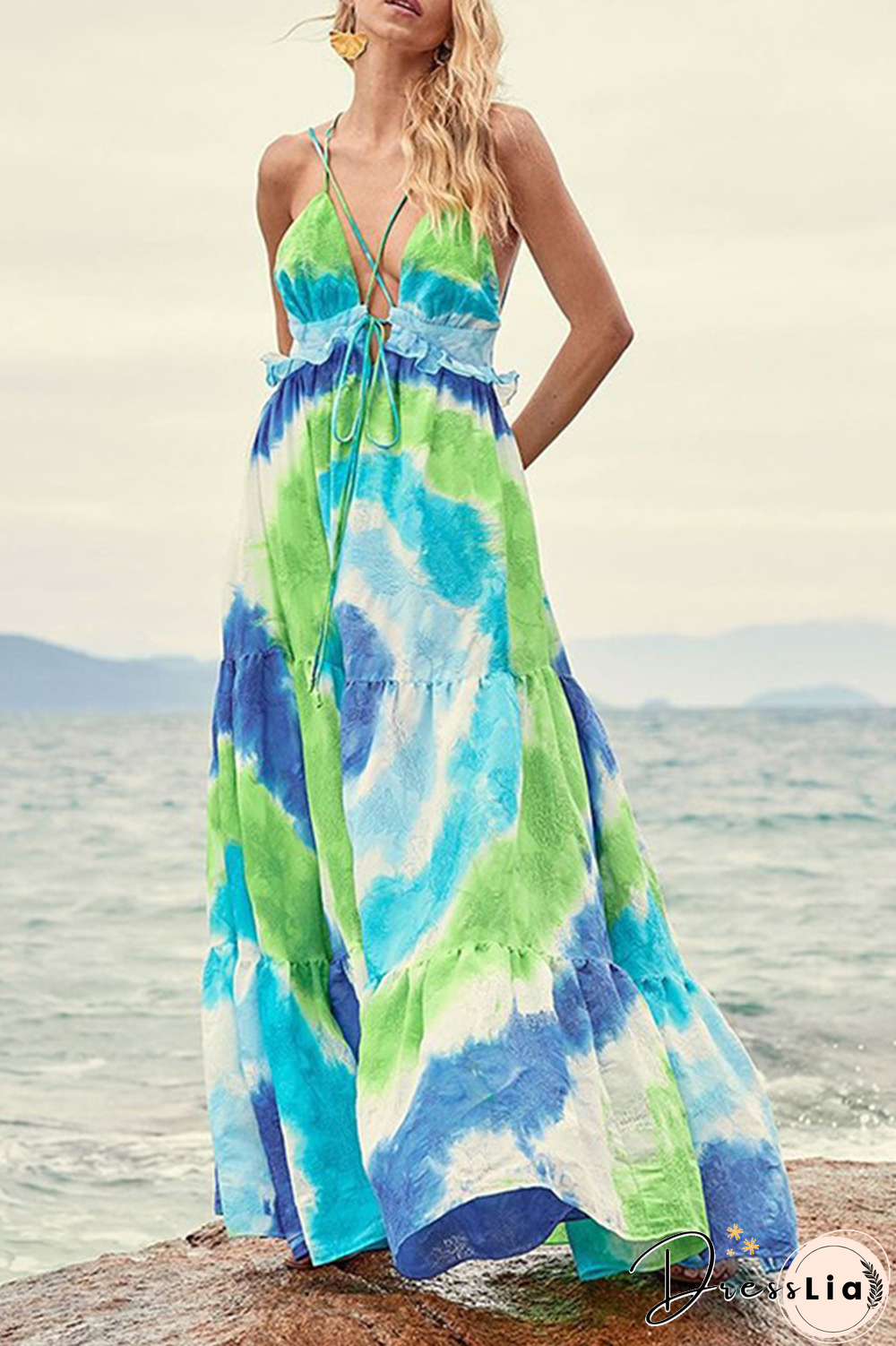 Casual Print Split Joint Spaghetti Strap Cake Skirt Dresses(3 colors)