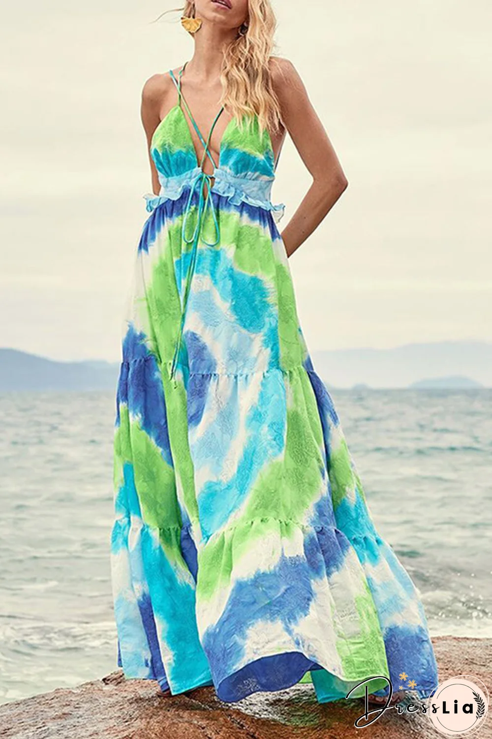 Casual Print Split Joint Spaghetti Strap Cake Skirt Dresses(3 colors)