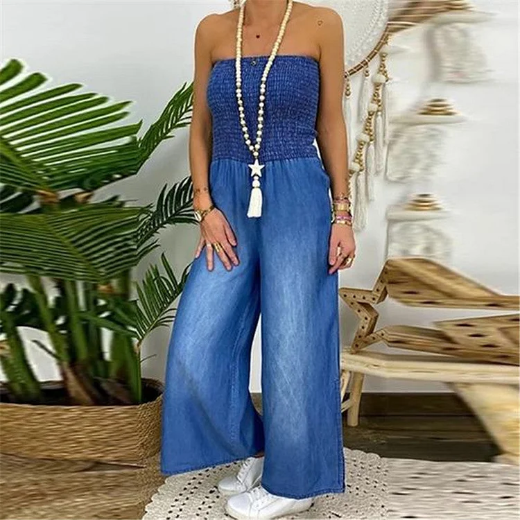 Women's Denim Overall High Elasticated Off Shoulder Wide-leg Casual Denim Jumpsuit