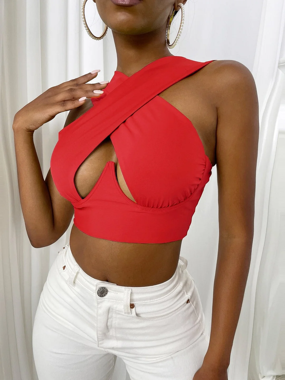 Women's Criss Cross Tank Tops Sexy Sleeveless Solid Color Cutout Front Crop Tops Party Club Streetwear Summer Lady Bustier Tops
