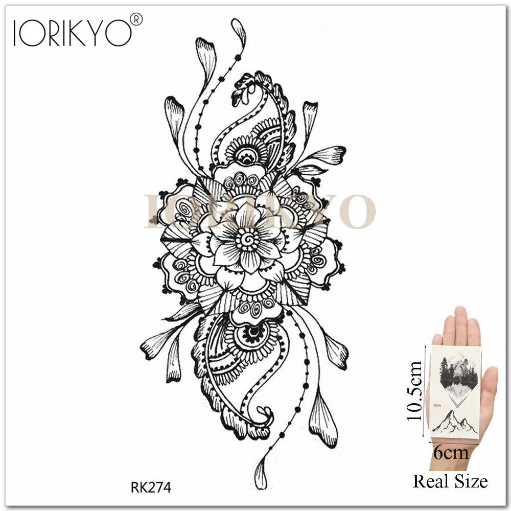 Mandala Henna Flower Fake Tattoo Arm Body Stickers Women Arm Temporary Tattoo Girls Ankle Lace Fake Tatoo Round Black Moon