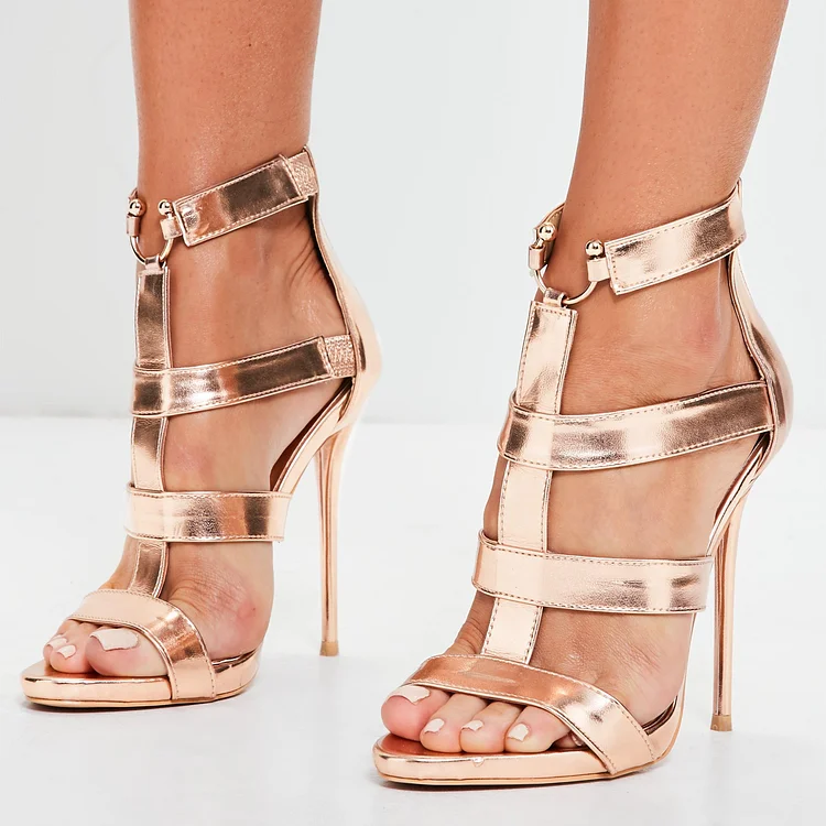 Rose Gold Gladiator Heels Stiletto Heel Sandals |FSJ Shoes