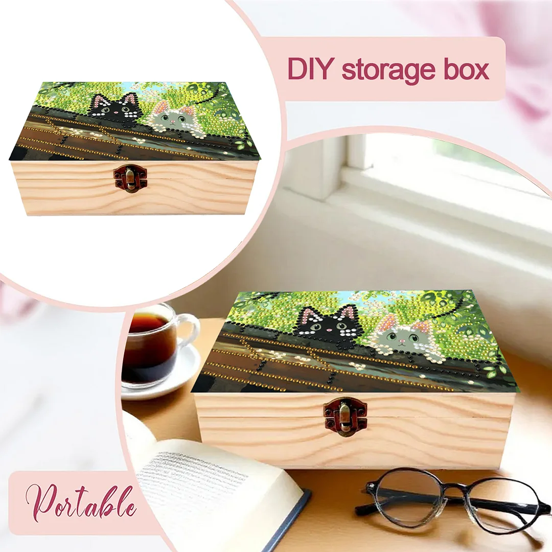 Black and White Cat DIY Wooden 5D Diamond Art Diamond Art Storage Box for Adults