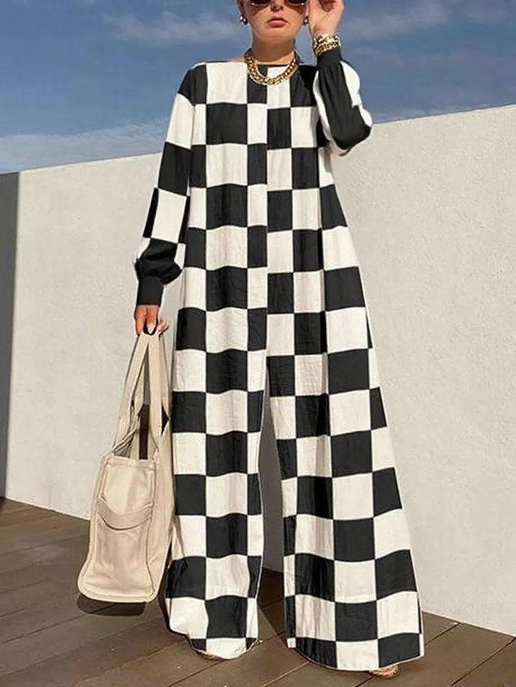 Long Sleeves Loose Contrast Color Plaid Round-Neck Jumpsuits