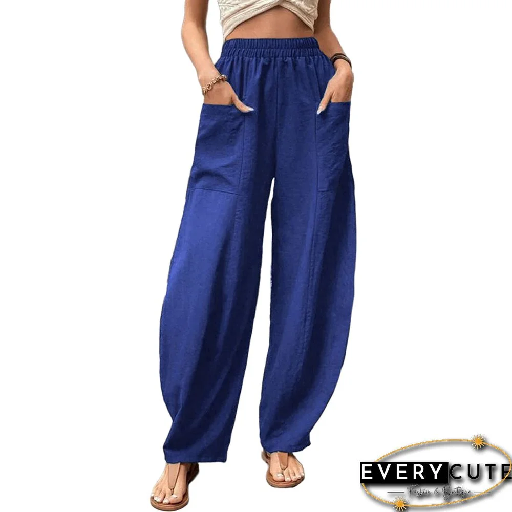 Royal Blue Solid Elastic Waist Pocket Casual Pants