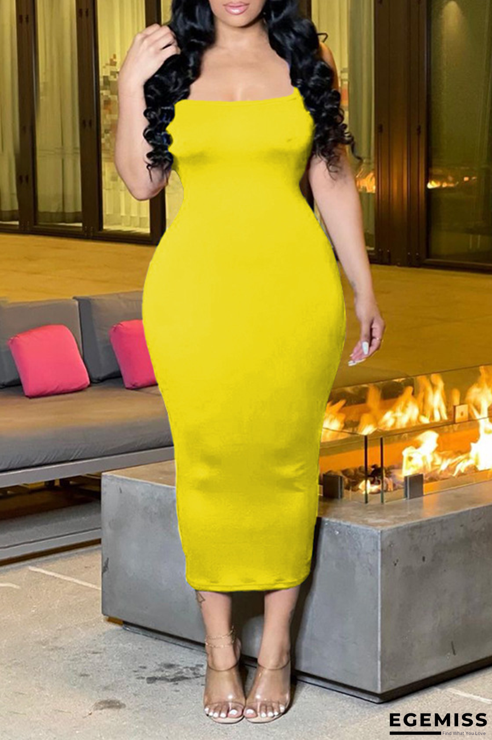 Yellow Sexy Solid Patchwork Spaghetti Strap Pencil Skirt Dresses | EGEMISS