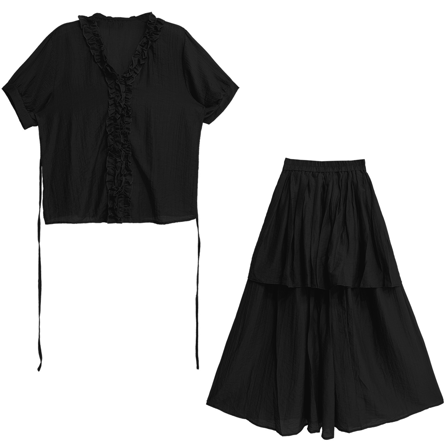 Retro solid color short sleeved top&high waisted skirt set