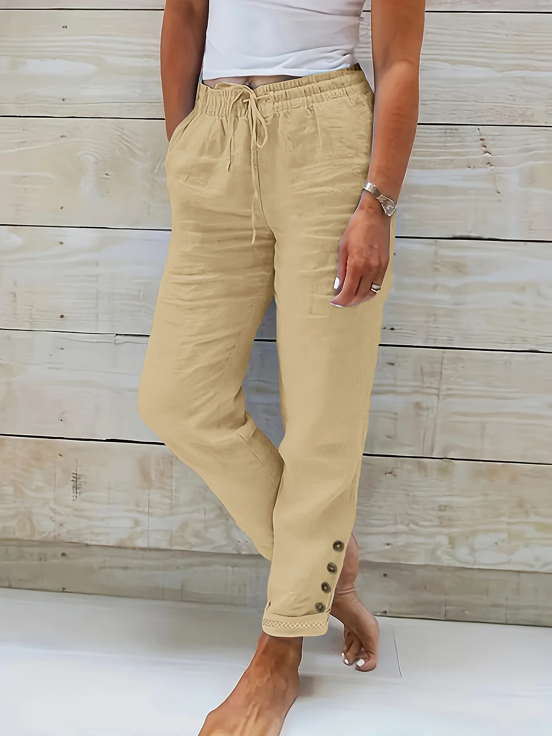 Women's Casual Solid Color Drawstring Pants With Lace Button Detail, 100% Polyester, Woven Fabric, Straight Leg, All Seasons, 140g/M² - Adult Fashion | IFYHOME