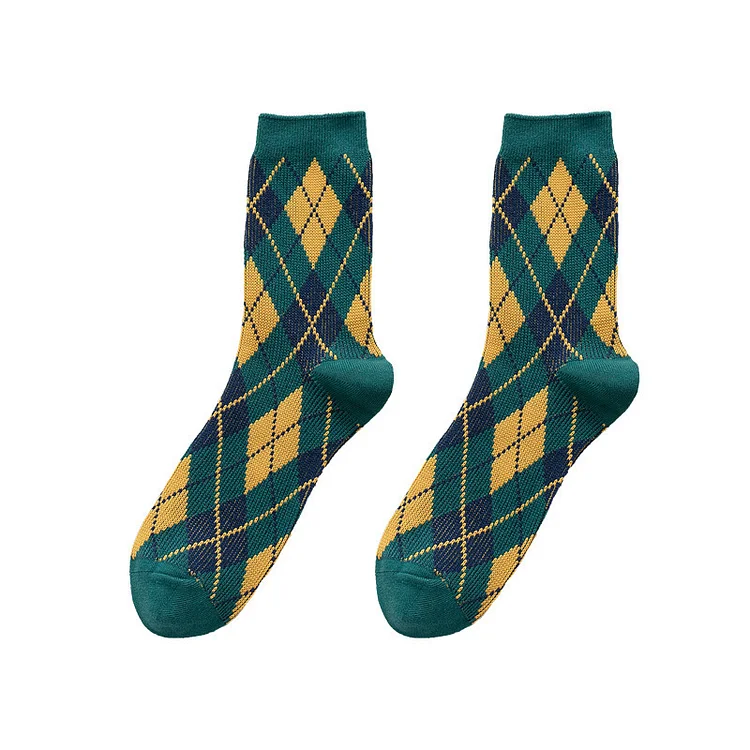 Men's Tall Diamond Check Casual Double Needle Socks（Two Pairs）