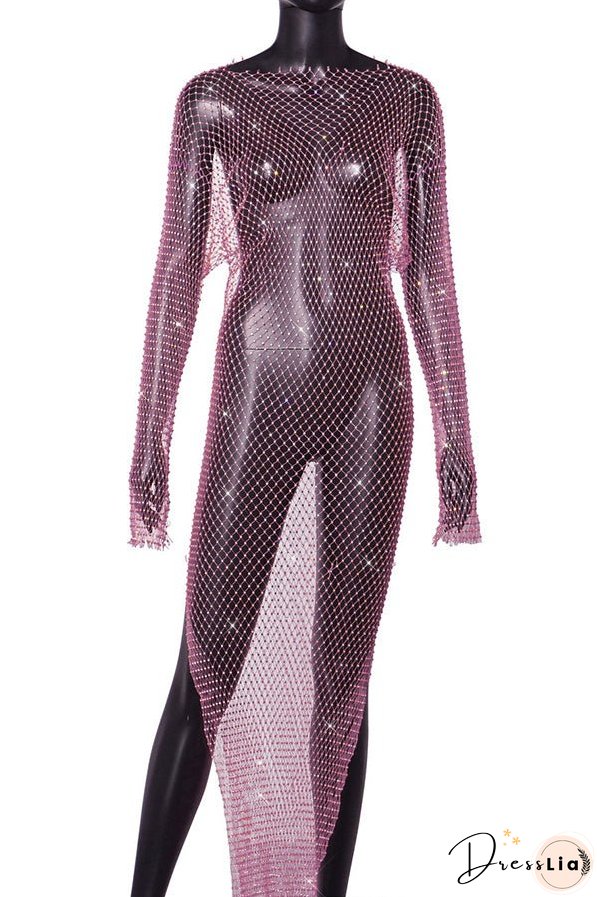Best Layering Items Diamond Mesh Wide Neck Long Sleeve Slit Cover-up Maxi Dress