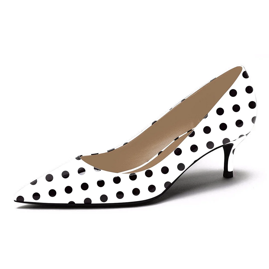 YDN Classic Pointed Toe Low Heel White Pumps with Black Polka Dot