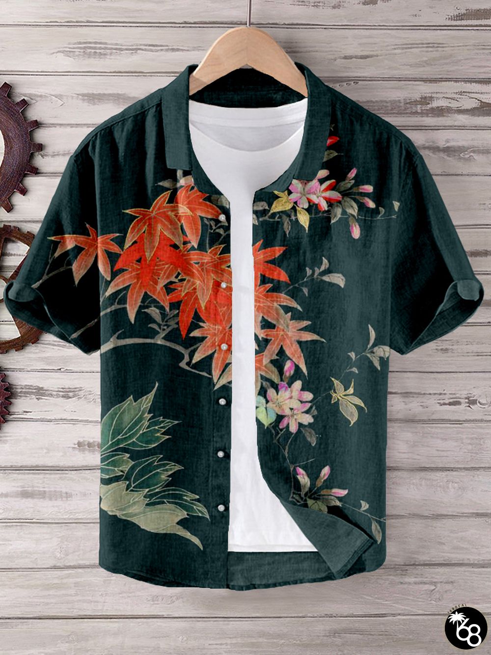 Japanese Maple Leaf Pattern Linen Blend Cozy Shirt | 168DEAL