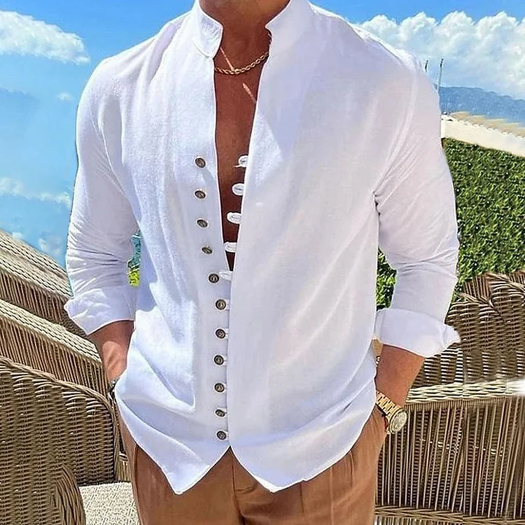 Men's Casual Retro Buttons Stand Collar Long Sleeve Shirt