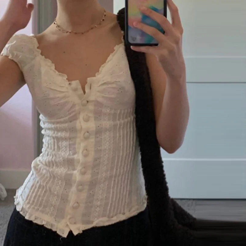 Vintage Floral T-shirt Button Frill V Neck Pullovers Tee Women Y2K Aesthetic White Crop Top