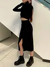Simple Knitted High-Neck Long Sleeve Top&Split-Front Skirt Casual Suit