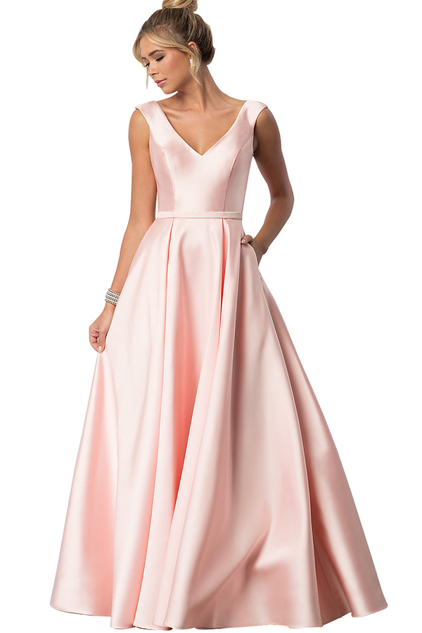Oknass Straps V Neck Sleeveless Long Prom Dress With Pockets Pleated 
