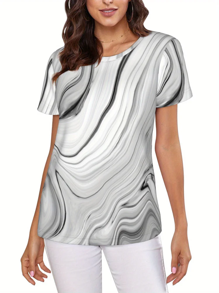 Women's Lightweight Shirt - Breathable Women's Short Sleeve Top, Elegant Casual Blouse For Everyday & Formal Outfits - Complete Size Range Available, Versatile Top, Round Neck, Comfortable Fit, Printed Top, Summer Wardrobe