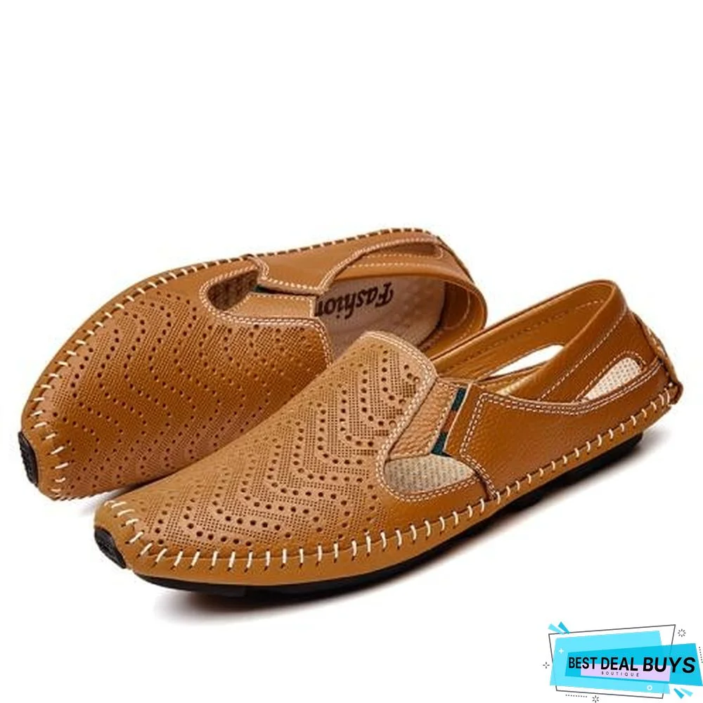 Men Leather Plus Size Sandals Casual Slip-On Summer Beach Shoes