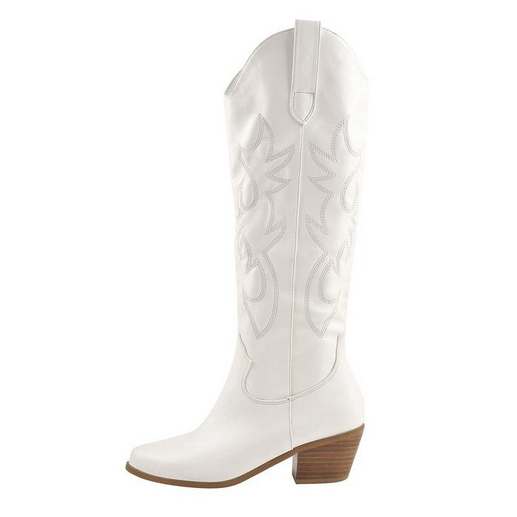 White Embroidery Wooden Heel Western Boots
