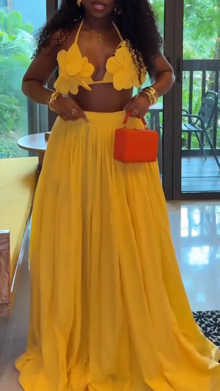 Women Neck Hanging Top+ Half Skirt Solid Color Casual Vacation Style Set