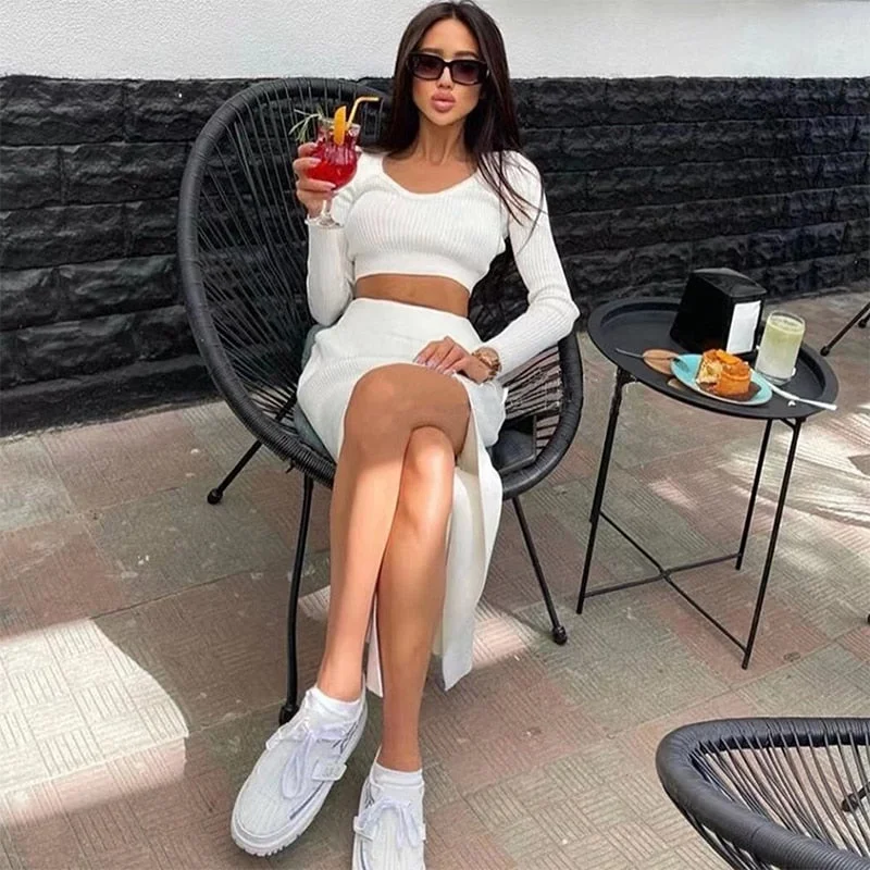 Tawnie 2022 Spring Autumn Knitted Sexy Women Dress Sets Casual Fashion Women's Suit With Long Sleeve Pullover Top & Split Skirt