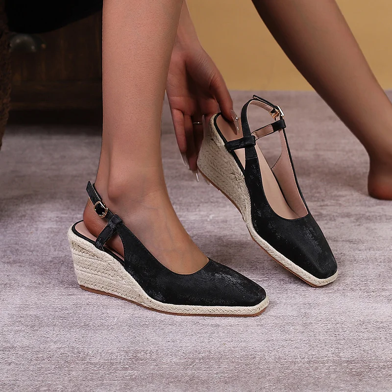 Wongn Wongn Square Head Thick Bottom High Heel Head Drag Straw Hemp Bottom One-Line Women's Single Shoes