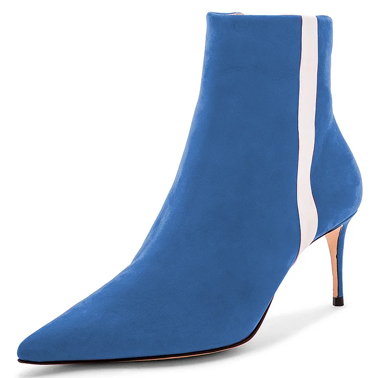 Blue Vegan Suede Pointy Toe White Stripe Stiletto Heel Ankle Boots |FSJ Shoes