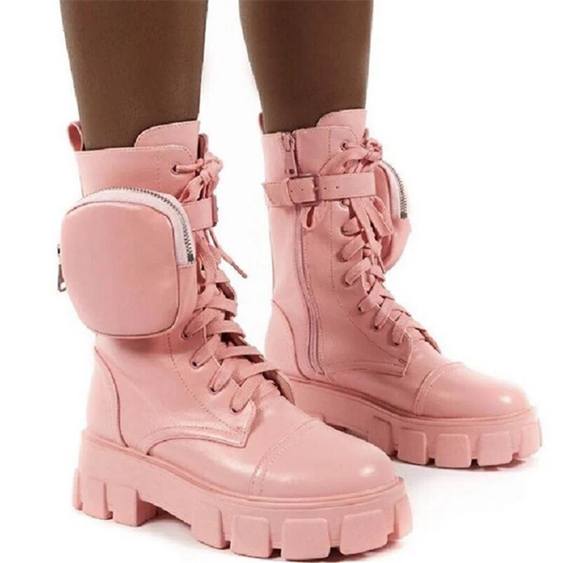 Women Pocket Boot Lace Up Ladies Ankle Boots Female Buckle Strap blue Chunky Sole Pouch Ankle Boots Woman Platform Shoe Fashion