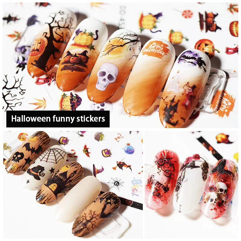 Nail Stickers Back Glue Halloween Skull Pumpkin Bat Creative Designs Nail Decal Decoration Tips For Beauty Salons-Nail Inspo