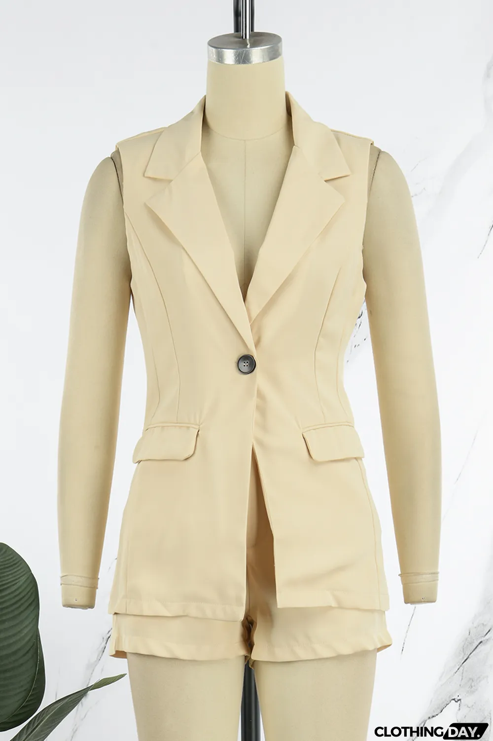 Apricot Casual Solid Patchwork Buttons Turn-back Collar Sleeveless Two Pieces