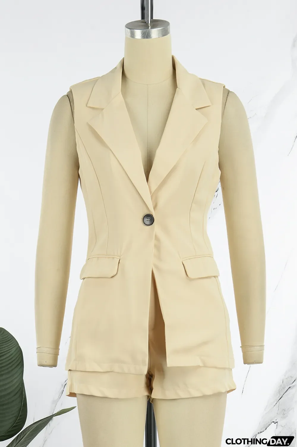 Apricot Casual Solid Patchwork Buttons Turn-back Collar Sleeveless Two Pieces