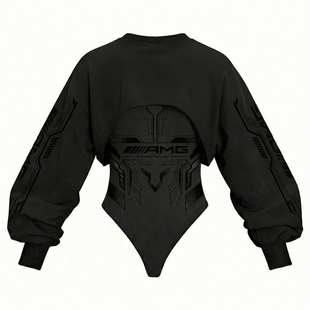 Women's Racing Team Logo Digitally Printed Tights Irregular Sweatshirt Set