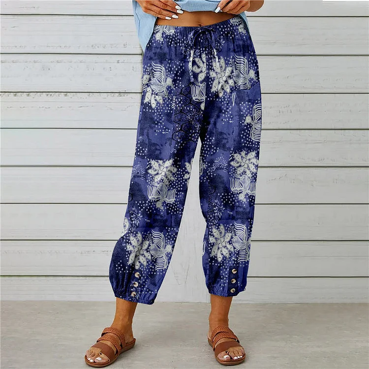 Women's Cotton and Linen High Waist Drawstring Nine-Point Pants Elastic Waist Cinch Blue Retro Printed Pants socialshop