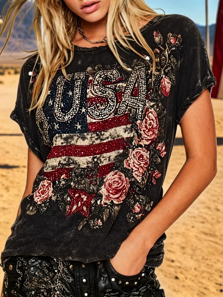 Women's Retro American Flag Floral Sequin Print Cotton Linen Comfortable T-shirt