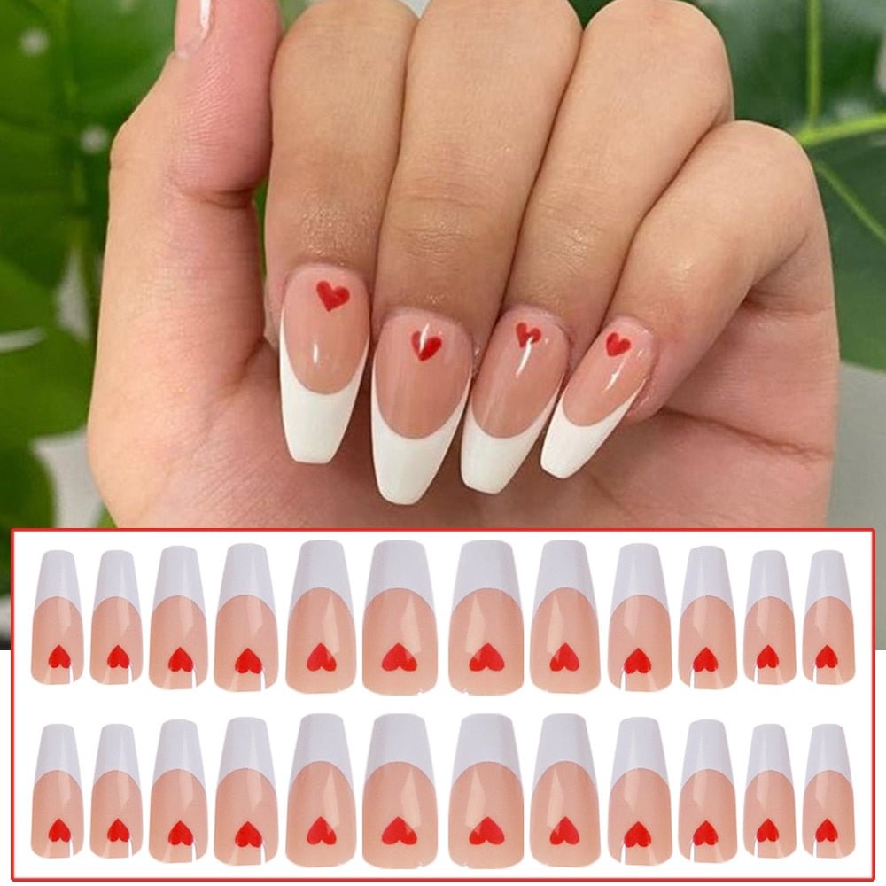 24pcs Point Head False Nails Tips Press On Nail with Heart Print Design Girl DIY Nail Patch Removable French Style Fake Nails