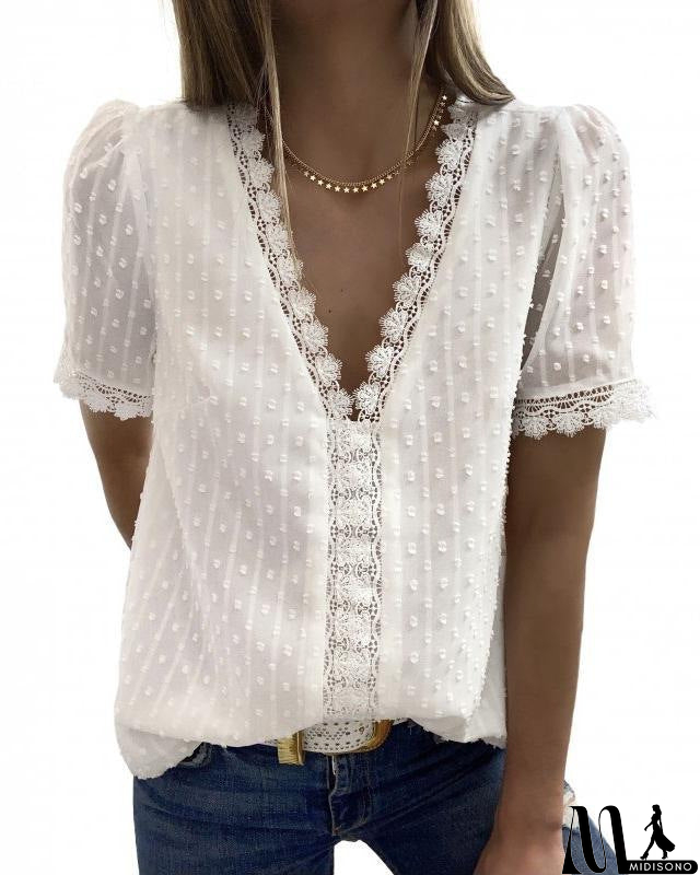 MidiSono - Women Solid Color V-neck Short Sleeved Chiffon Shirt Top