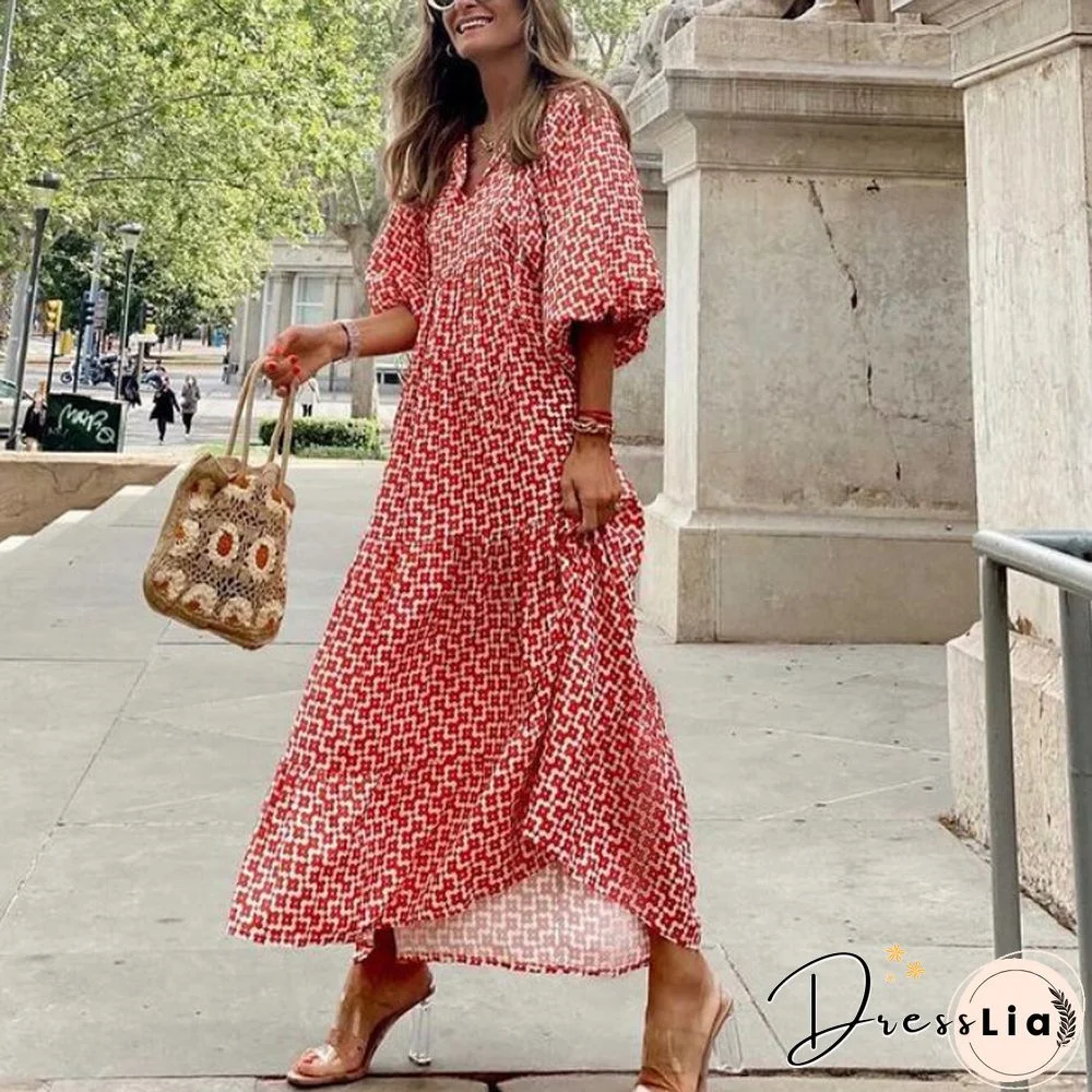 Geometric Collage Bubble Sleeve Dress Plus Size Women's Dress
