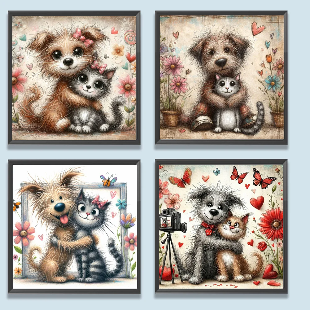 4pcs Diamond Painting - Full Round Drill - Warm Cats Dogs(Canvas|30*30cm)