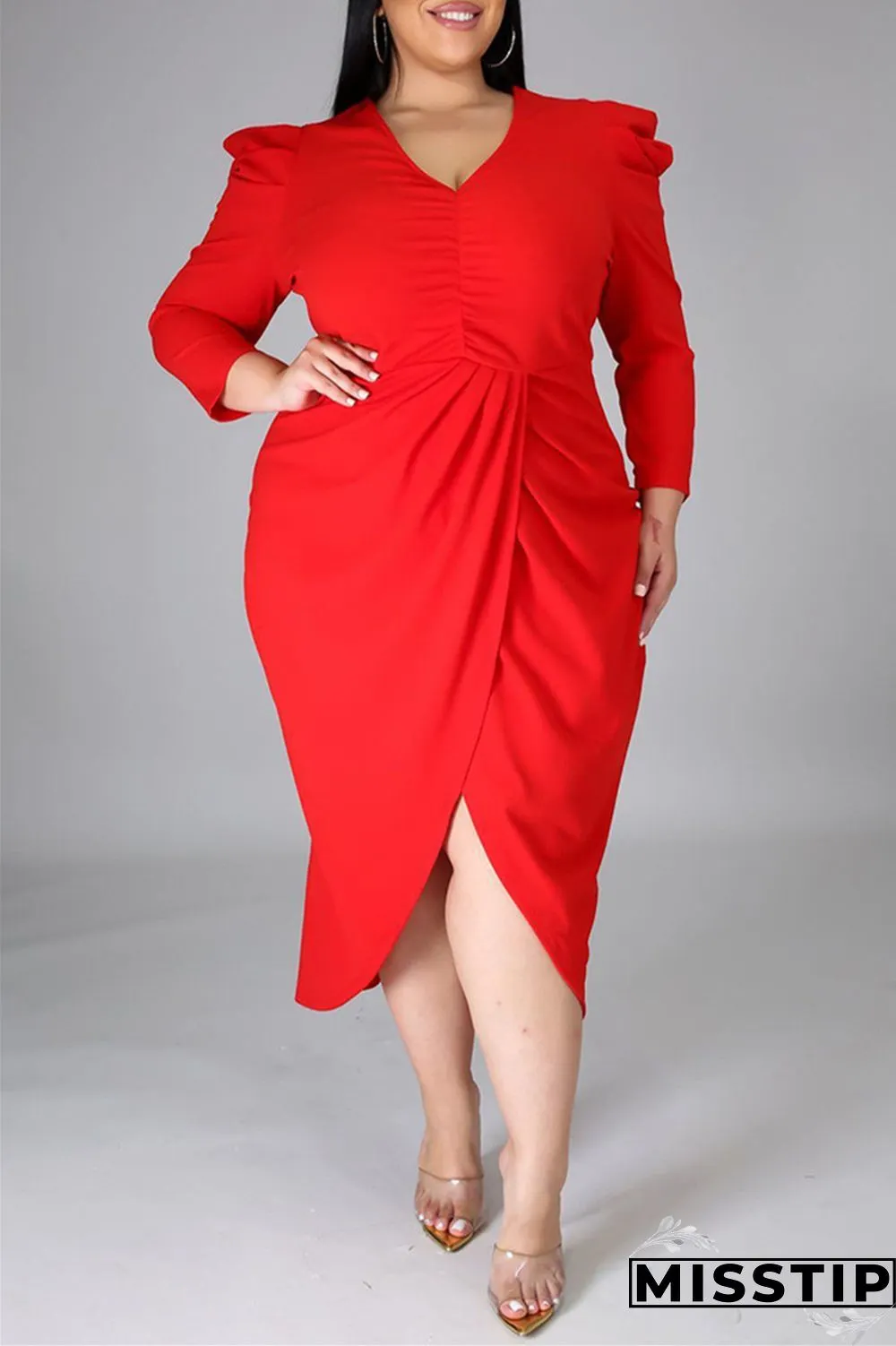 Black Fashion Casual Solid Patchwork V Neck Long Sleeve Plus Size Dresses