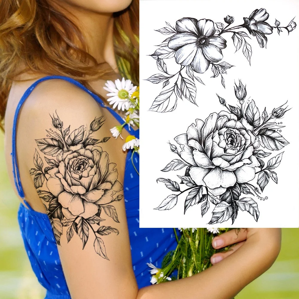 Flower Temporary Tattoos For Women Girls Realistic Fake Eye Triangle Peony Tattoo Sticker Black Lotus Tatoos Body Art Drawing