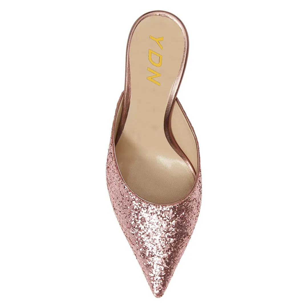Pink Glitter Pointed Toe Stiletto Heel Mule Shoes for Women