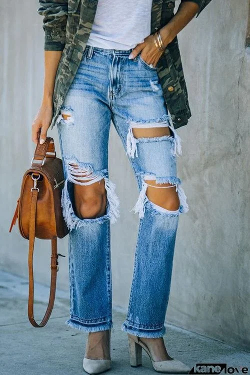 Fashion Chic Loose Pockets Ripped jeans