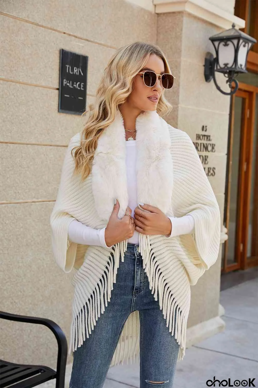 Fringe Detail Long Sleeve Ribbed Poncho