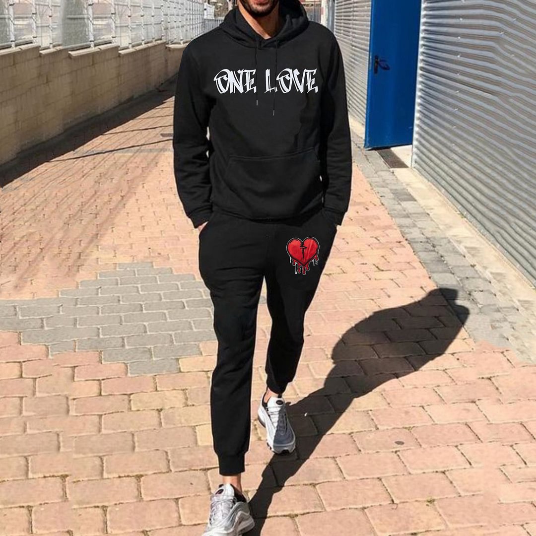 Casual One Love Print Hoodie And Pants Two Piece Set
