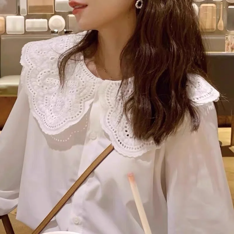 Uveng Uveng Retro Long-Sleeved Loose Doll-Collared White Shirt Women's New Spring High-End Feel Chic Top