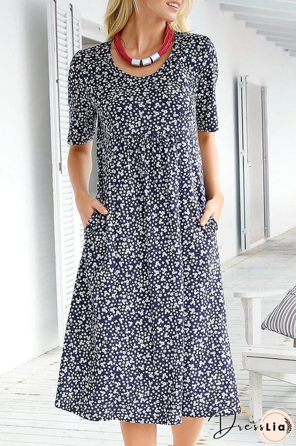 Casual Floral Print Short Sleeves Pockets Midi Dress