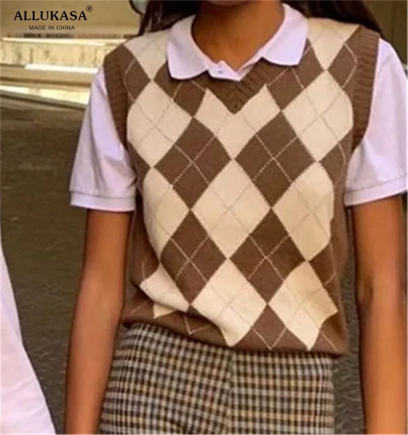 Casual Loose Diamond Shape V-neck Knitwear Korean Female Autumn Black Chic Knit Top Jumper Women Sleeveless Sweater Pullovers