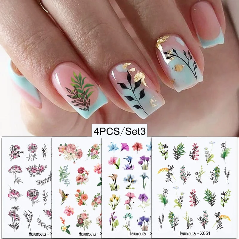 4Pcs/Set Flower Leaves Water Decasl Stickers Floral Geometric Lines Transfer Water Sliders For Nails Manicures Decoration