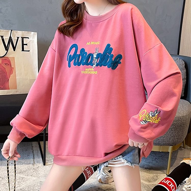 Casual Embroidered Long Sleeve Shift Sweatshirt QueenFunky