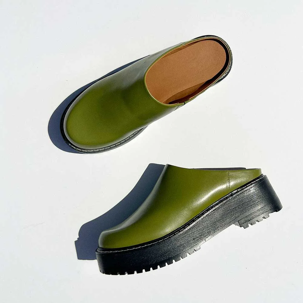 Green Round Toe Chunky Heel Platform Mules for Women Nicepairs